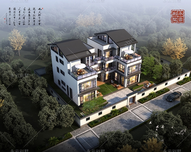 现代新中式/大玻璃全景窗/兄弟双拼合院式三层别墅案例