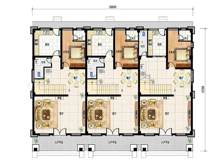 气派简欧三兄弟合建房屋三拼联排别墅全套设计图纸及效果图20.66×15.8米